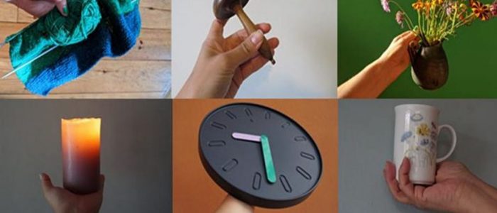 image of objects (knitting, darning mushroom, vase of flowers, candle, clock, mug)